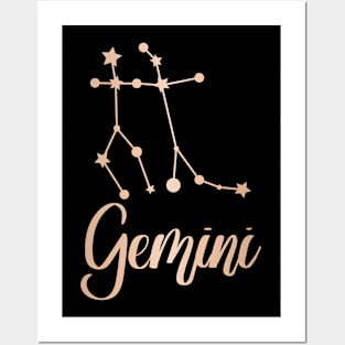 Gemini Zodiac Constellation in Rose Gold - Black Posters and Art